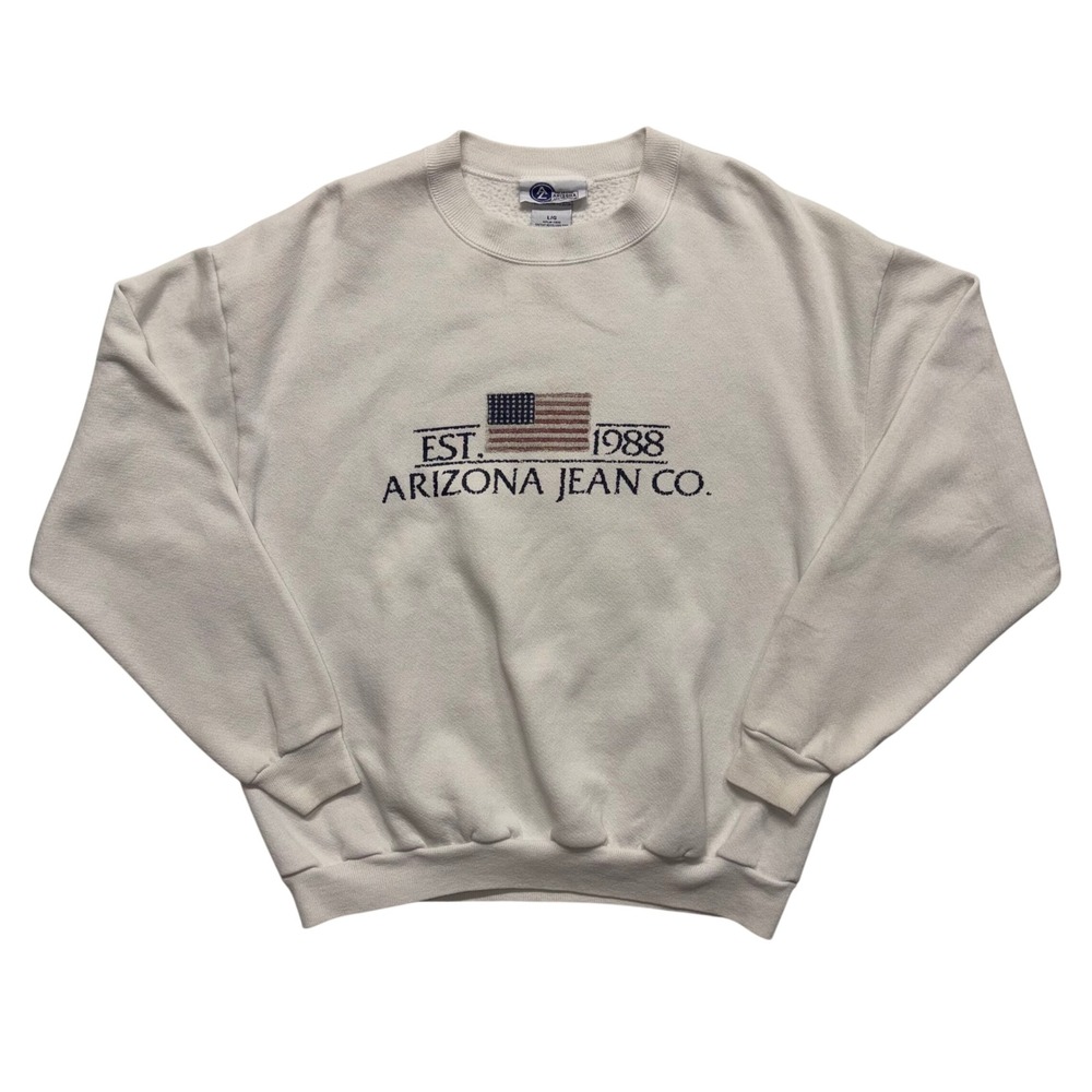 Vintage Arizona Jean Co American Flag Crewneck Sweatshirt Cream Mens Large USA
